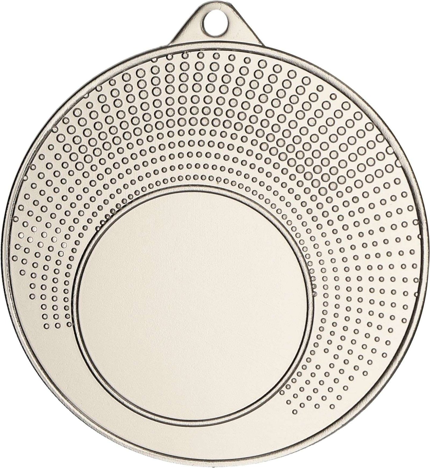 Eine Medaille Düsseldorf 40 mm MMC1140 von Anbieter A mit einer Reihe erhabener Punkte, die in konzentrischen Kreisen angeordnet sind, die an Medaillen einer Siegerehrung in Düsseldorf erinnern, und einem kleinen Loch an der Oberseite.