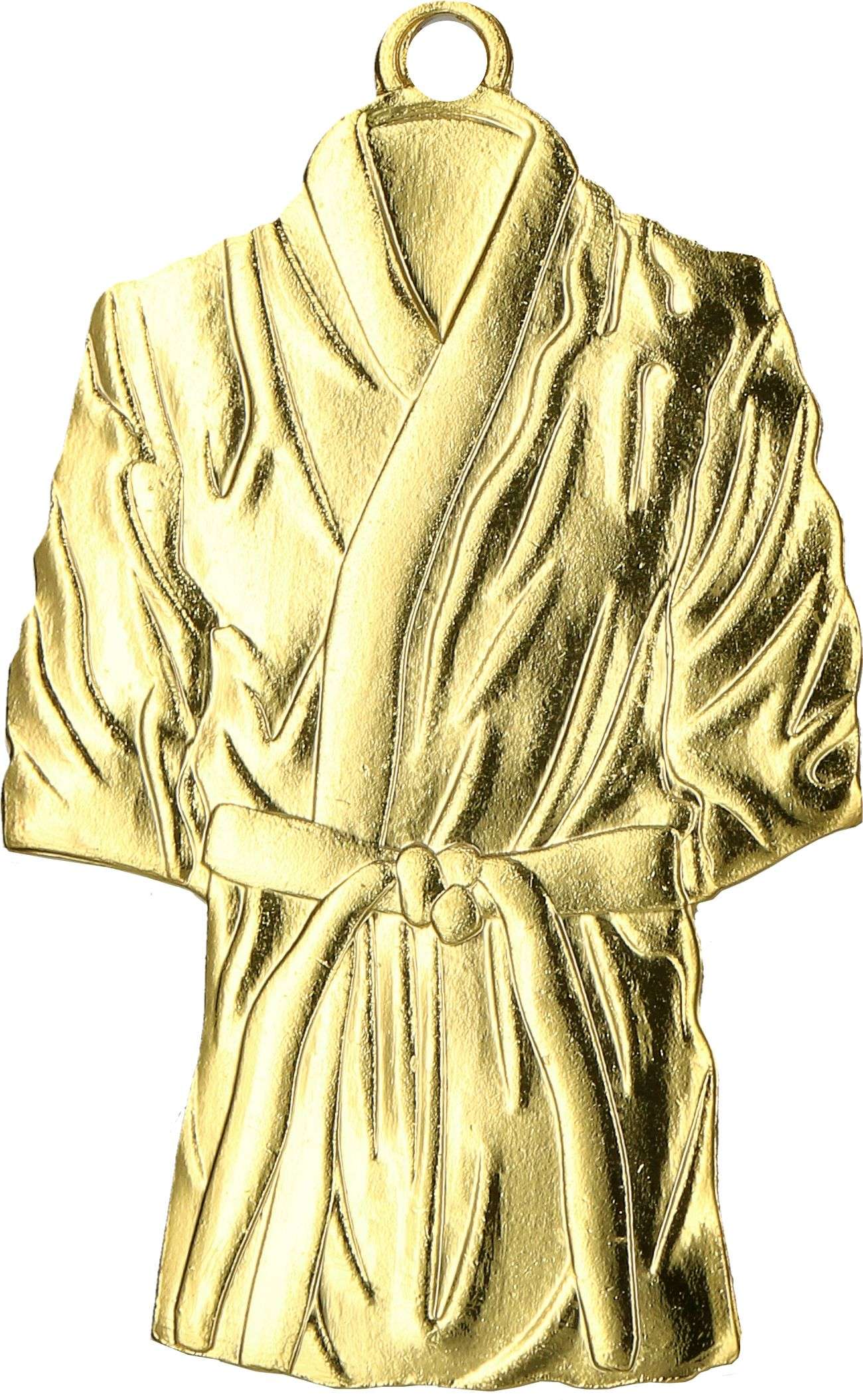 Ein goldfarbener Medaillen Koblenz 65 x 45 mm MMC37050 in Form eines Kampfsport-Gi mit detaillierten Falten und einem geknoteten Gürtel, perfekt für Kampfsport-Events und gefertigt aus erstklassigen Materialien von Anbieter A.