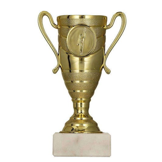 Pokale Düsseldorf: Gold Farben Pokal mit Marmorsockel, erhältlich in den Größen 13 cm, individuell gestaltbar, ideal für Auszeichnungen und Ehrungen.