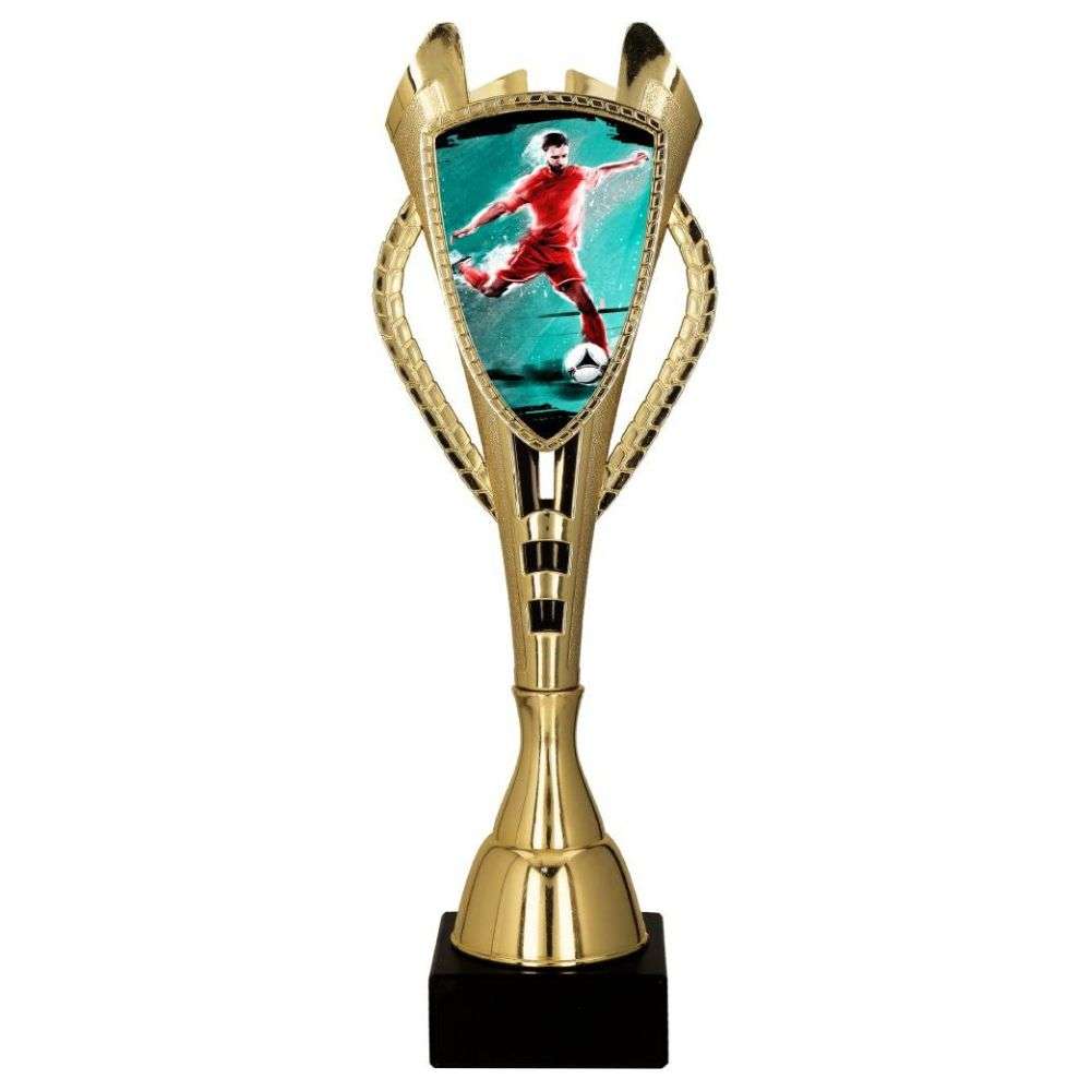Goldfarbener Fussball-Pokal Wolfsburg mit Figur und Säule, gravierbar