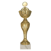 Silberfarbener Pokal mit Deckel und Säule für Turniersieger