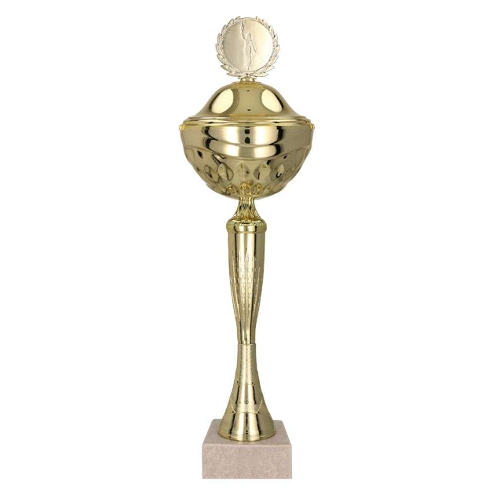 Goldfarbener Pokal mit Deckel und Säule für Turniersieger