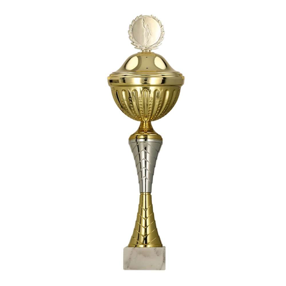 Goldfarbener Pokal mit Deckel und Säule für Turnier- und Vereinssieger