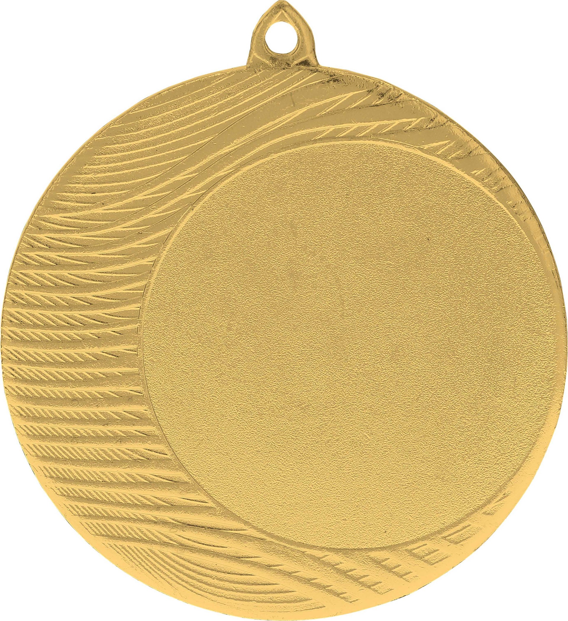 Eine schlichte, goldfarbene Medaillen Hamm 70mm MMC1090 mit einem Strukturmuster auf der linken Seite und einer kleinen Schlaufe an der Oberseite zum Befestigen an einem Band, perfekt zum Anerkennen von Leistungen bei jeder Sportveranstaltung.