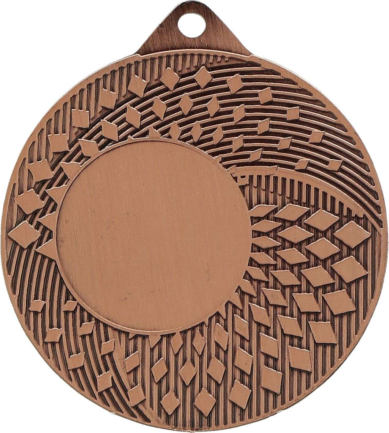 Eine komplizierte bronzene Medaillen-Chemnitz-Medaille (50 mm, MMC31050) mit geometrischen Mustern mit einem kreisförmigen, erhabenen Bereich in der Mitte und einem kleinen Loch an der Oberseite zum Aufhängen; perfekt zum Gedenken an besondere Ereignisse oder zur Belohnung von Erfolgen in Chemnitz.