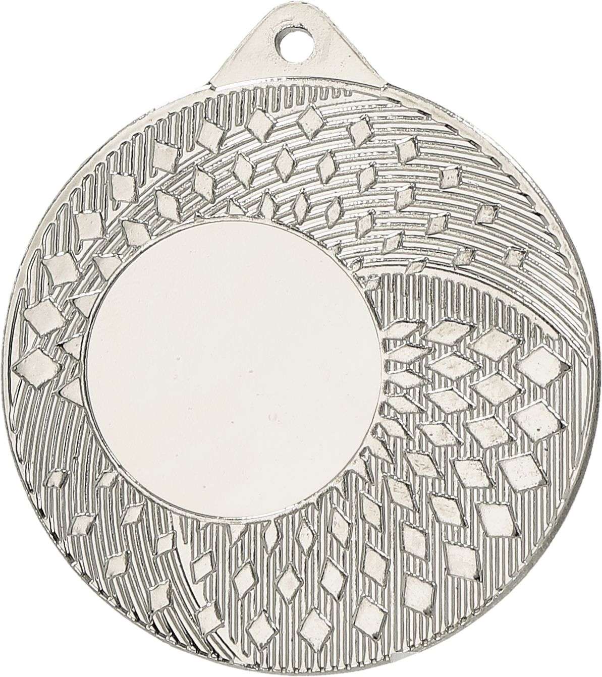 Eine runde Silbermedaille mit einem komplizierten geometrischen Muster und einem kleinen Loch oben zur Befestigung. Die Mitte ist leer und glatt und bildet einen Kontrast zum strukturierten Design, das sie umgibt. Dieses exquisite Stück Medaillen Chemnitz 50 mm MMC31050 wäre bei jedem Wettbewerb eine begehrte Auszeichnung.