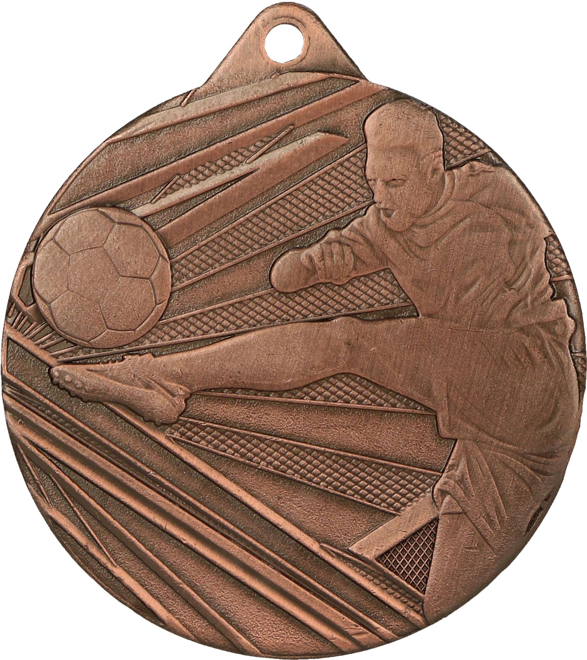 Eine Bronzemedaille zeigt einen Fußballspieler, der einen Ball kickt, was ihr hochwertiges Design unterstreicht. Die Medaillen Cottbus 50 mm ME001 sind perfekt für jedes Fußballturnier.