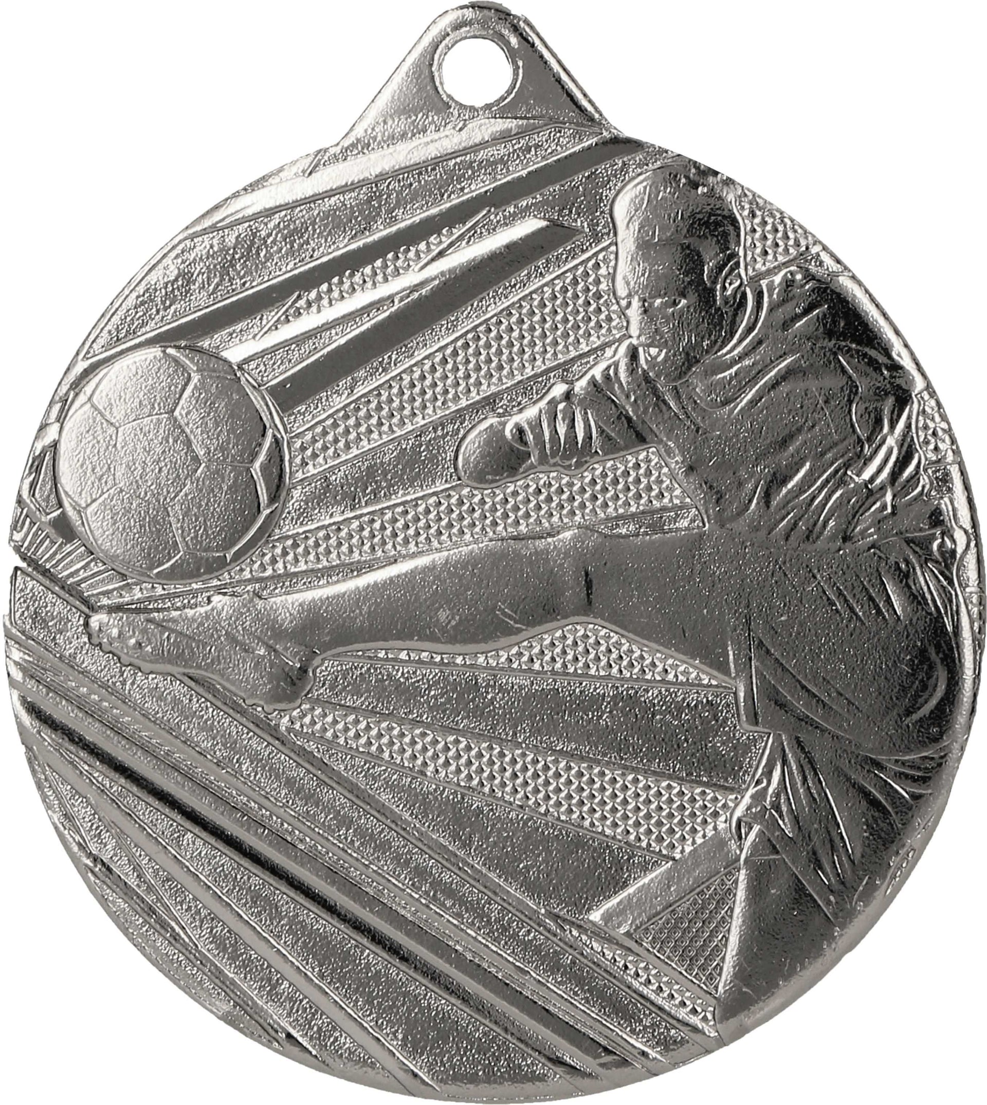 Silbermedaille mit der Abbildung eines Fußballspielers, der einen Ball kickt. Hochwertiges Design, perfekt für jedes Fußballturnier.
