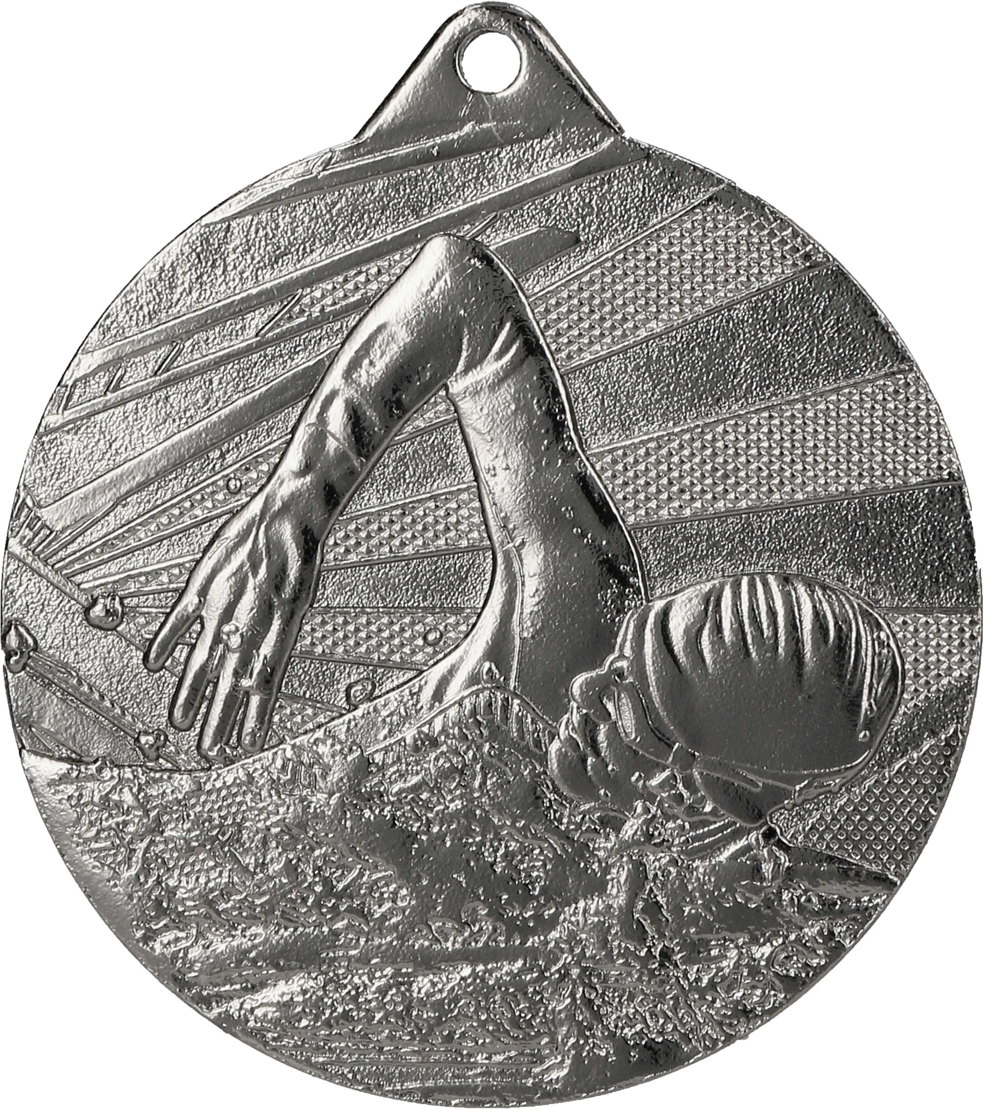 Silbermedaille mit der Abbildung eines Schwimmers im Freistil mit detaillierten Wasser- und Lichtstrahlen im Hintergrund, gefertigt aus hochwertigem Material. Perfekt für Schwimmwettkämpfe, organisiert von Medaillen Potsdam 50mm ME003.