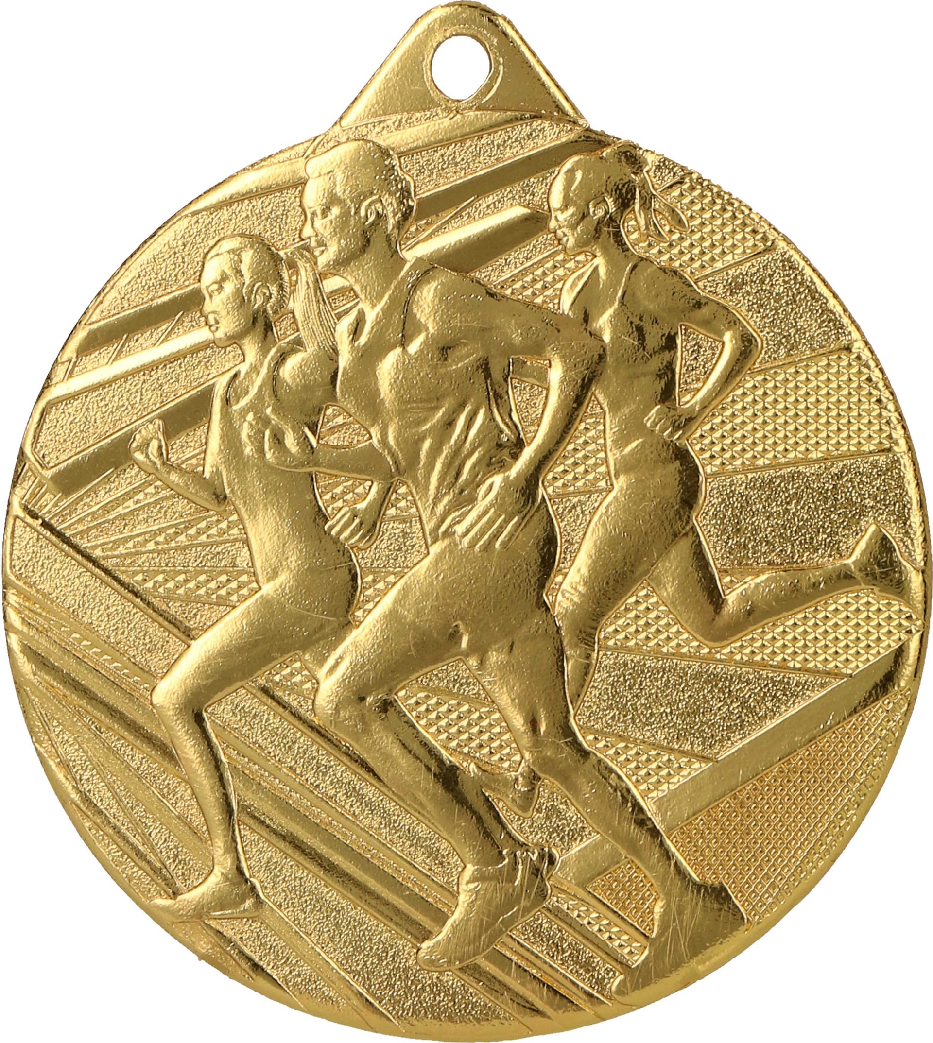 Eine goldene Medaillen Würzburg 50 mm ME004 mit einer Gravur von drei Läufern in Bewegung und detaillierten Hintergrundmustern.