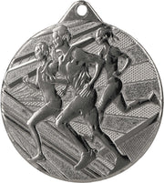 Eine silberne Medaillen Würzburg 50 mm ME004 mit laufenden Menschen, symbolisiert den temperamentvollen Laufwettbewerb der Stadt.