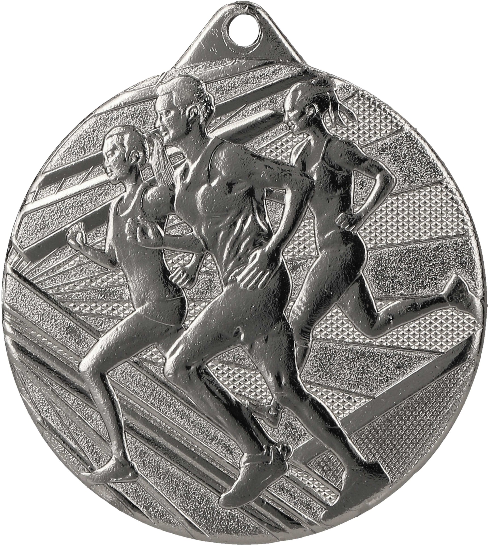 Eine silberne Medaillen Würzburg 50 mm ME004 mit laufenden Menschen, symbolisiert den temperamentvollen Laufwettbewerb der Stadt.