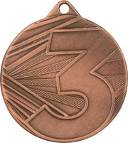 Der Medaillen Leverkusen 50 mm ME005 mit einem Loch an der Oberseite für ein Band und einem stilisierten Design mit der Zahl „3“ auf der Vorderseite, das Erfolg und Stolz symbolisiert, hergestellt von Medaillen Leverkusen.