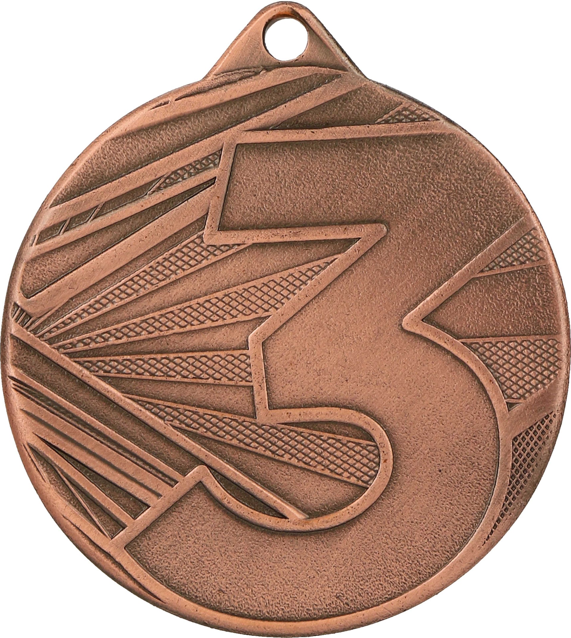 Der Medaillen Leverkusen 50 mm ME005 mit einem Loch an der Oberseite für ein Band und einem stilisierten Design mit der Zahl „3“ auf der Vorderseite, das Erfolg und Stolz symbolisiert, hergestellt von Medaillen Leverkusen.