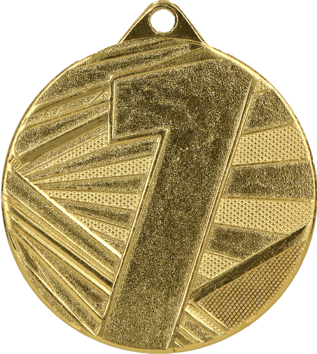 Eine runde Goldmedaille, mit einer strukturierten Oberfläche und einer markanten Zahl „1“ in der Mitte, die herausragenden Erfolg und Anerkennung symbolisiert. Das Produkt ist die Medaillen Leverkusen 50 mm ME005.