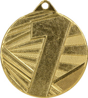 Eine runde Goldmedaille, mit einer strukturierten Oberfläche und einer markanten Zahl „1“ in der Mitte, die herausragenden Erfolg und Anerkennung symbolisiert. Das Produkt ist die Medaillen Leverkusen 50 mm ME005.