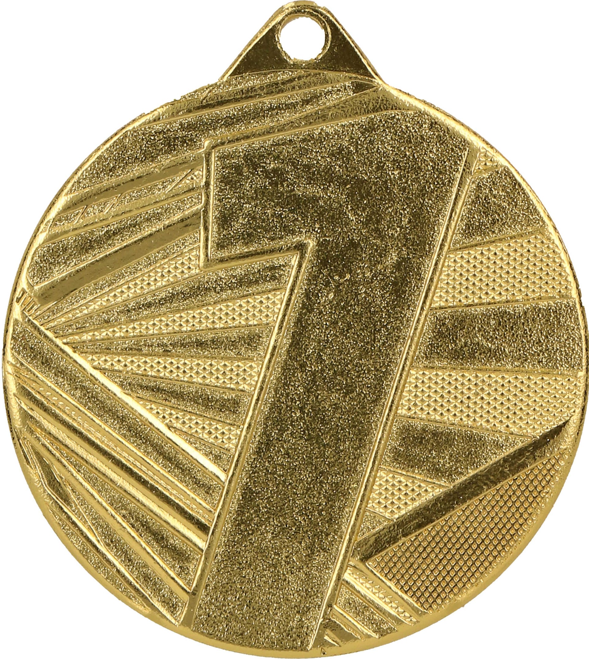 Eine runde Goldmedaille, mit einer strukturierten Oberfläche und einer markanten Zahl „1“ in der Mitte, die herausragenden Erfolg und Anerkennung symbolisiert. Das Produkt ist die Medaillen Leverkusen 50 mm ME005.