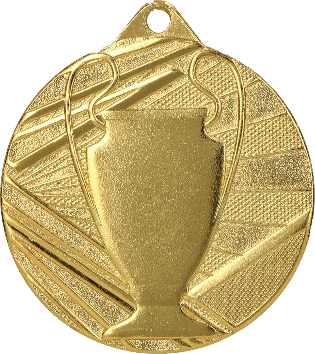 Eine Goldmedaille mit geprägtem Pokal-Design mit abstrakten Mustern im Hintergrund, perfekt für jede Sportveranstaltung. Die Medaillen Paderborn 50mm ME007.