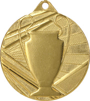 Eine Goldmedaille mit geprägtem Pokal-Design mit abstrakten Mustern im Hintergrund, perfekt für jede Sportveranstaltung. Die Medaillen Paderborn 50mm ME007.