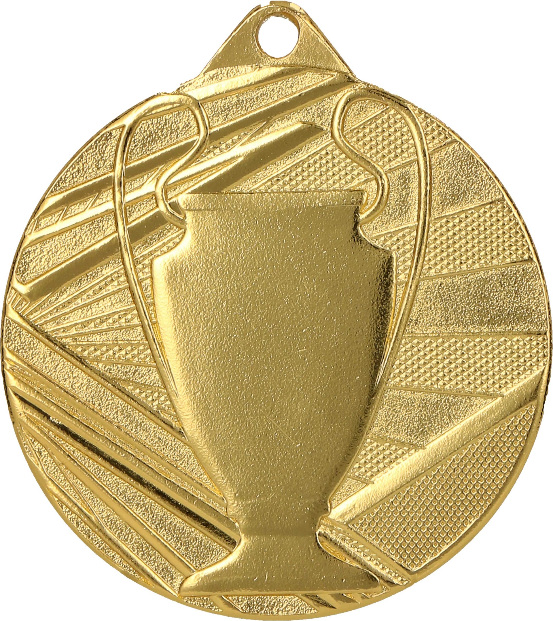 Eine Goldmedaille mit geprägtem Pokal-Design mit abstrakten Mustern im Hintergrund, perfekt für jede Sportveranstaltung. Die Medaillen Paderborn 50mm ME007.