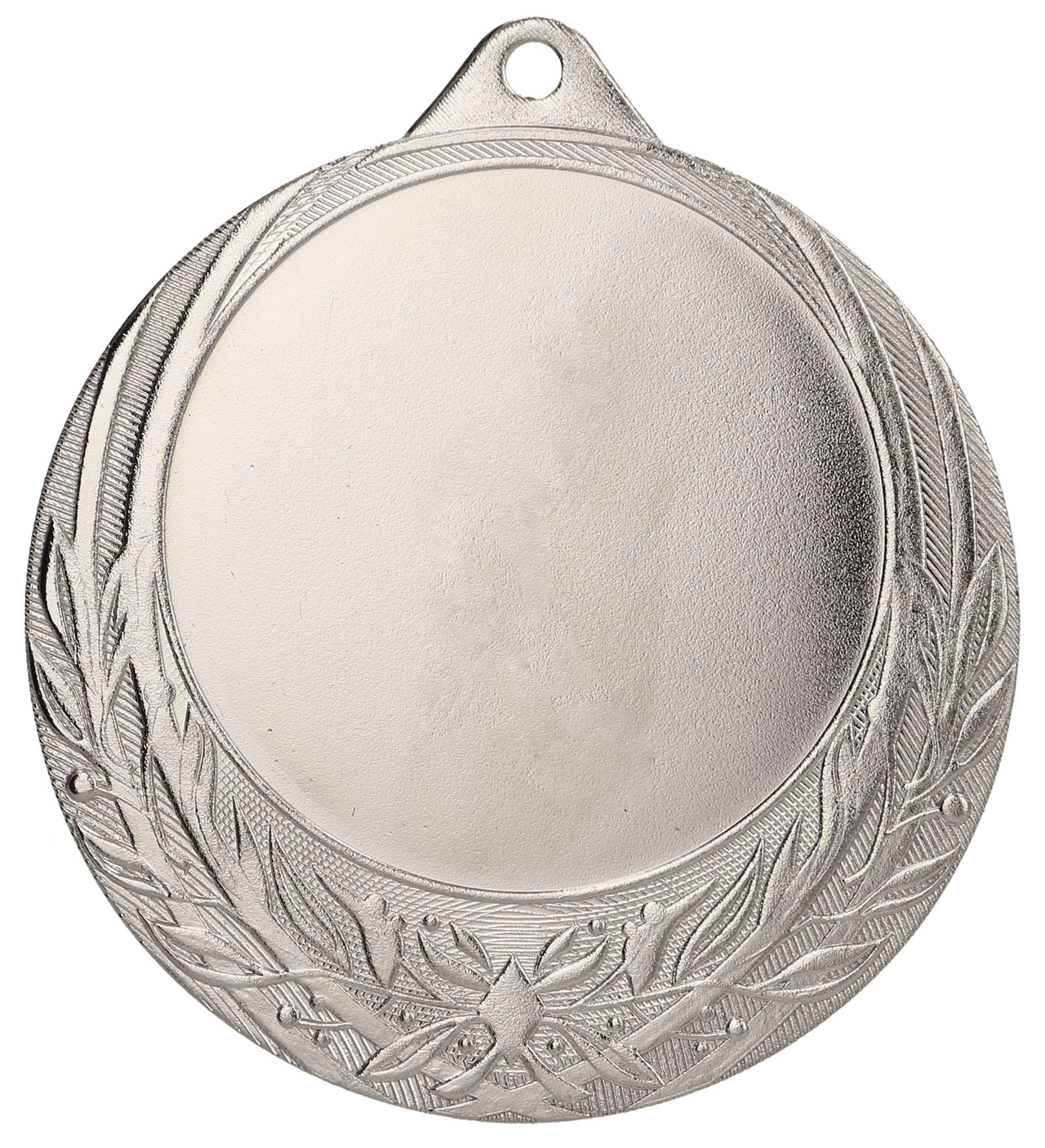 Eine runde, blanke Silbermedaille mit einem strukturierten Blattmuster am Rand und einem kleinen Loch oben zum Aufhängen. Dieses elegante Stück ist unter der Bezeichnung Medaillen Oberhausen 70mm ME0170 erhältlich.