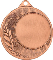 Eine runde, bronzefarbene Medaille mit leerer Mitte und dekorativem Lorbeerblattdesign am linken Rand. Die Medaillen Bremen 40mm ME0240, perfekt für Leistungen würdig, hat oben ein kleines Loch zum Befestigen eines Bandes oder einer Kordel.