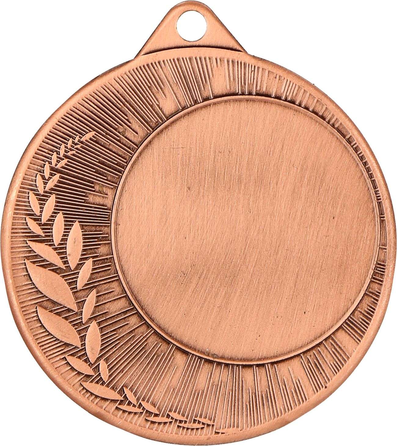 Eine runde, bronzefarbene Medaille mit leerer Mitte und dekorativem Lorbeerblattdesign am linken Rand. Die Medaillen Bremen 40mm ME0240, perfekt für Leistungen würdig, hat oben ein kleines Loch zum Befestigen eines Bandes oder einer Kordel.
