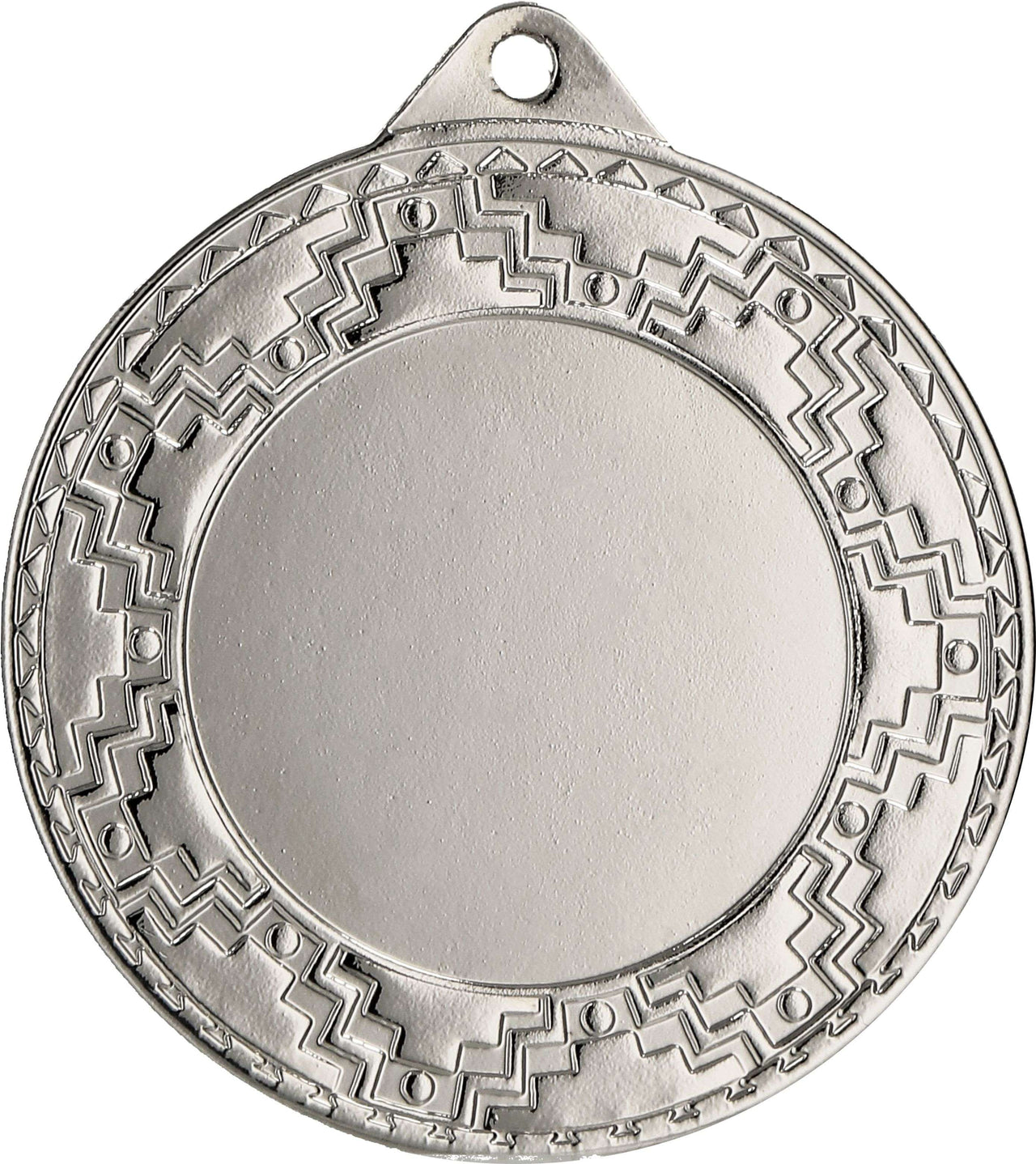 Silbermedaille mit leerer Mitte und kompliziertem Zickzackmuster am Rand, eine perfekte Belohnung für Sportveranstaltungen wie die Medaillen Stuttgart 40 mm ME0340.