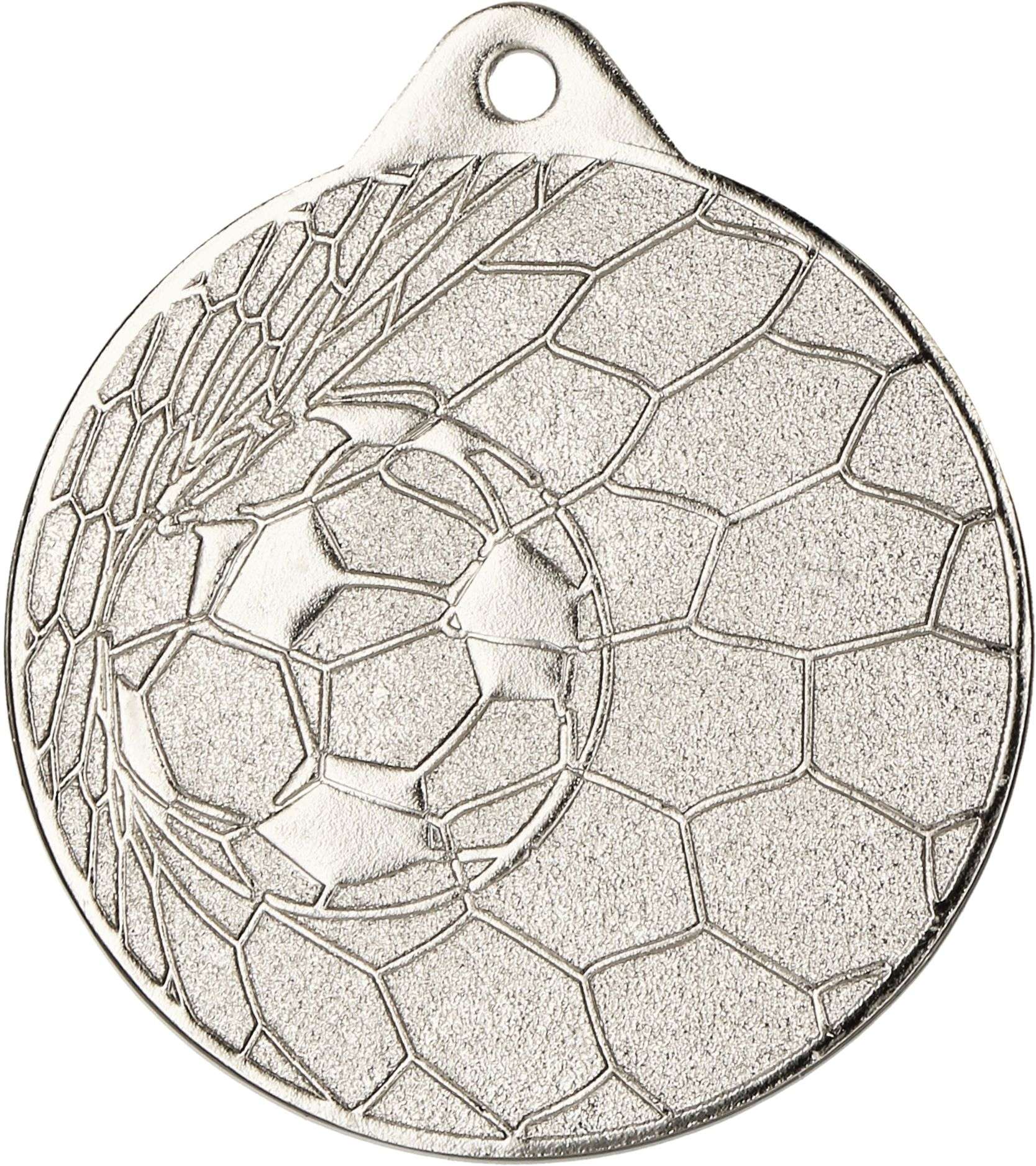 Eine silberne Medaille im Fußballdesign, ideal zur Ehrung der Sieger bei Fußballturnieren, hergestellt vom Medaillen Hildesheim 50 mm MMC0350.