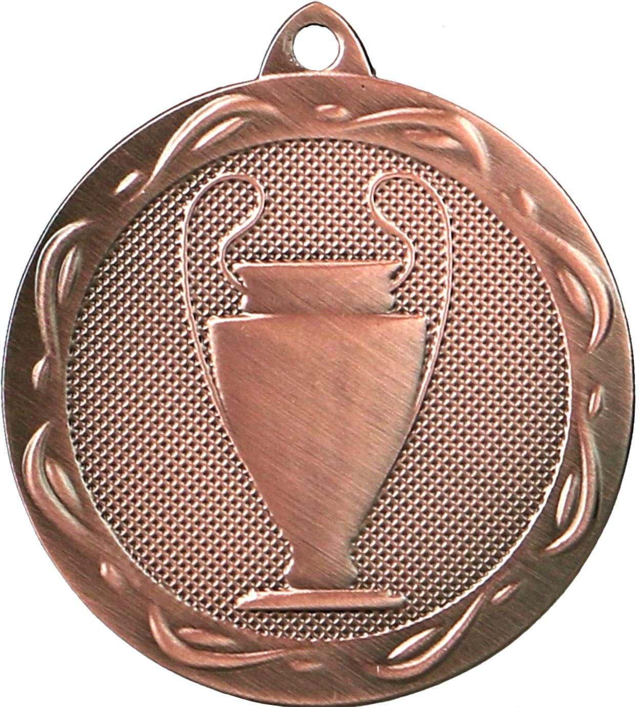 Abgebildet ist eine Bronzemedaille aus hochwertigem Material mit dem Bild eines Pokals auf strukturiertem Hintergrund mit dekorativem Rand, perfekt für jede Sportveranstaltung bei Medaillen Herne 32 mm MMC1032.