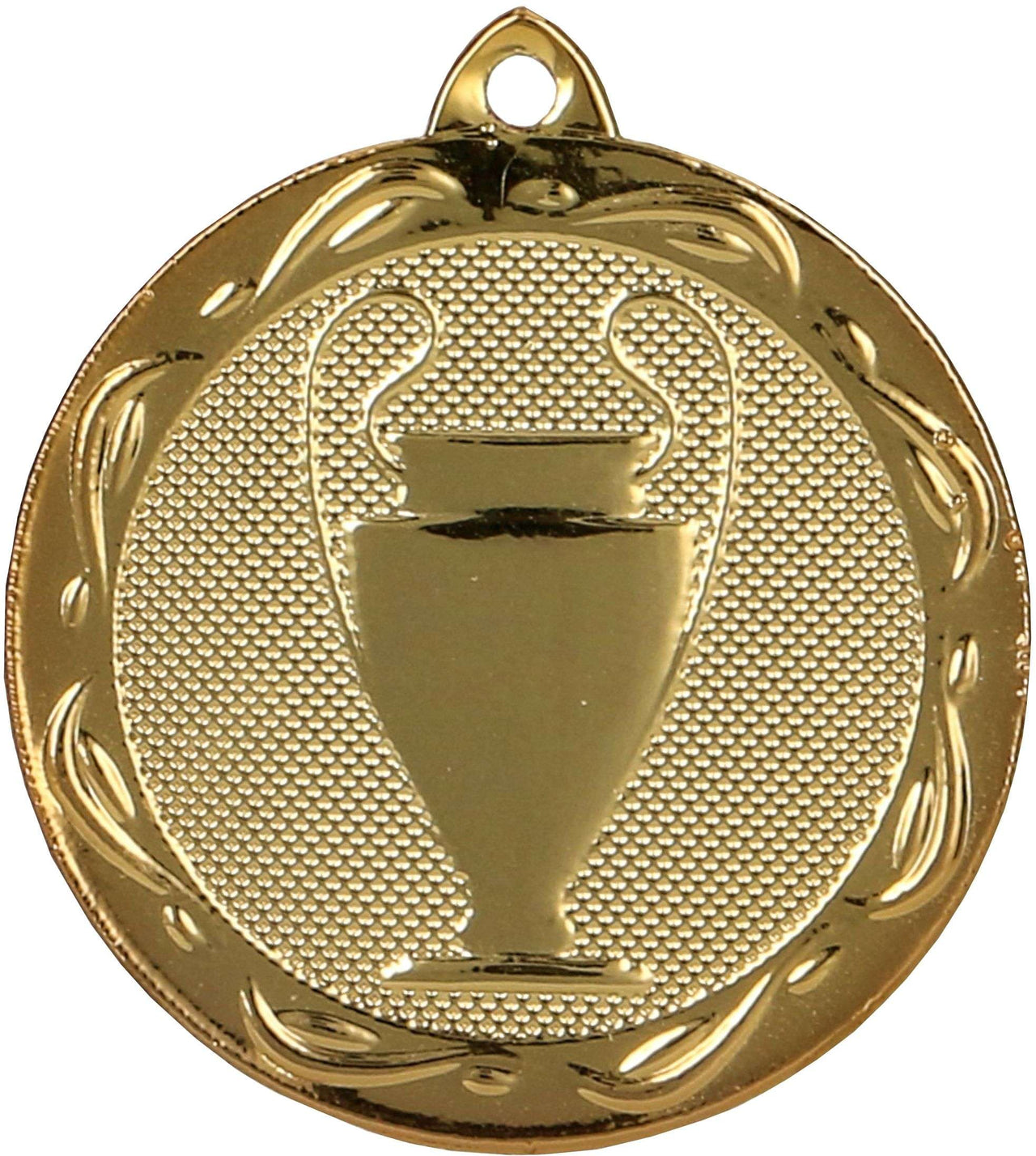 Eine Goldmedaille mit einer Trophäe in der Mitte und einer kleinen Öse oben zum Befestigen. Diese Medaillen Herne 32 mm MMC1032 sind aus hochwertigem Material gefertigt, eignen sich perfekt für jede Sportveranstaltung und repräsentieren die Qualität.