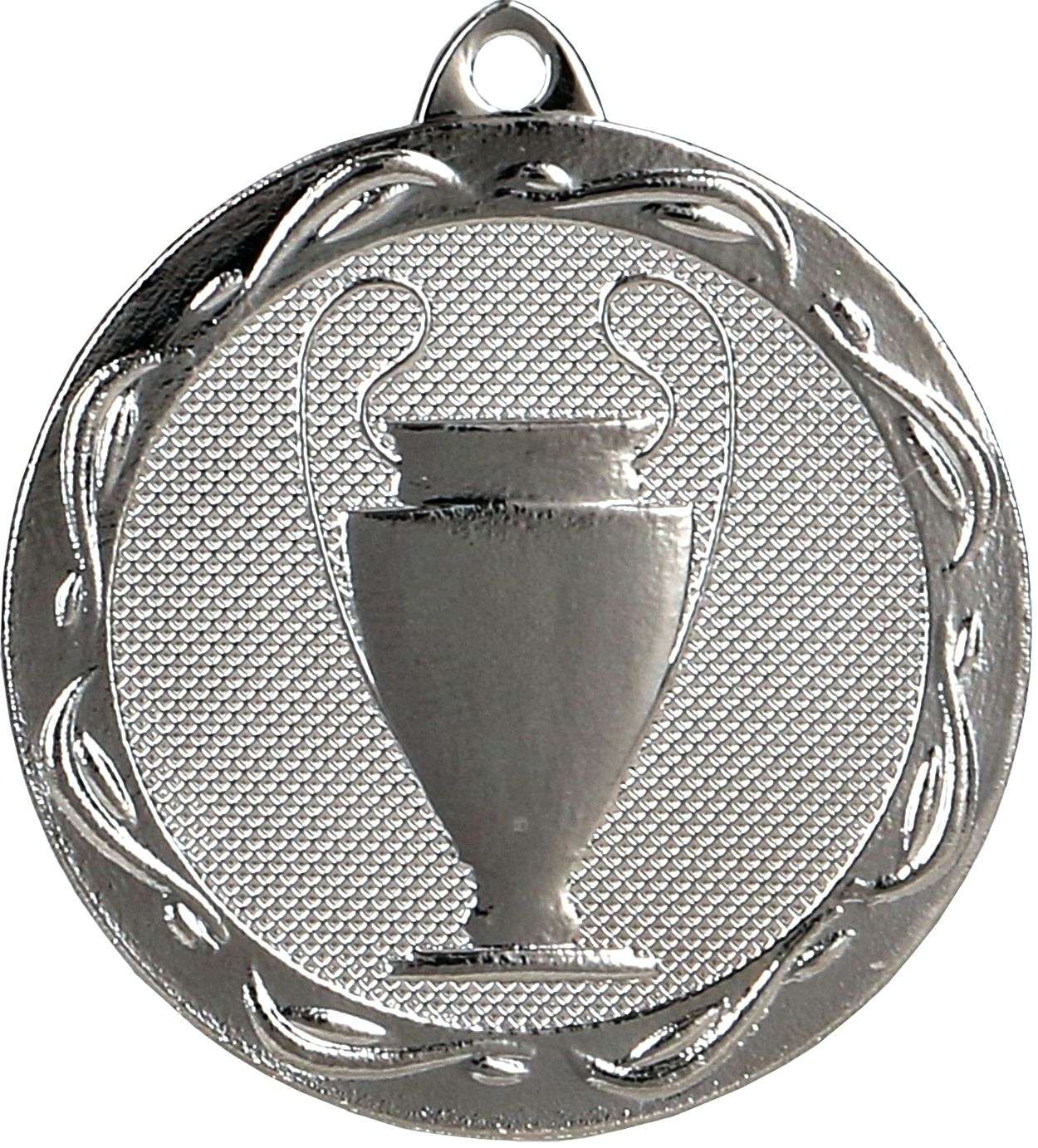 Eine Silbermedaille, die Medaillen Herne 32 mm MMC1032, mit einem geprägten Bild eines Pokals mit Henkeln, umgeben von einem strukturierten kreisförmigen Rand mit dekorativen Mustern, gefertigt aus hochwertigem Material – ideal für jede Sportveranstaltung.