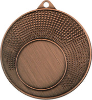 Eine runde Bronzemedaille mit einem strukturierten Design aus kleinen erhabenen Punkten, die ein Bogenmuster um die Mitte bilden. Sie hat oben eine kleine Öse zum Aufhängen, perfekt zum Gedenken an die Siegerehrung bei Medaillen Düsseldorf 40 mm MMC1140.