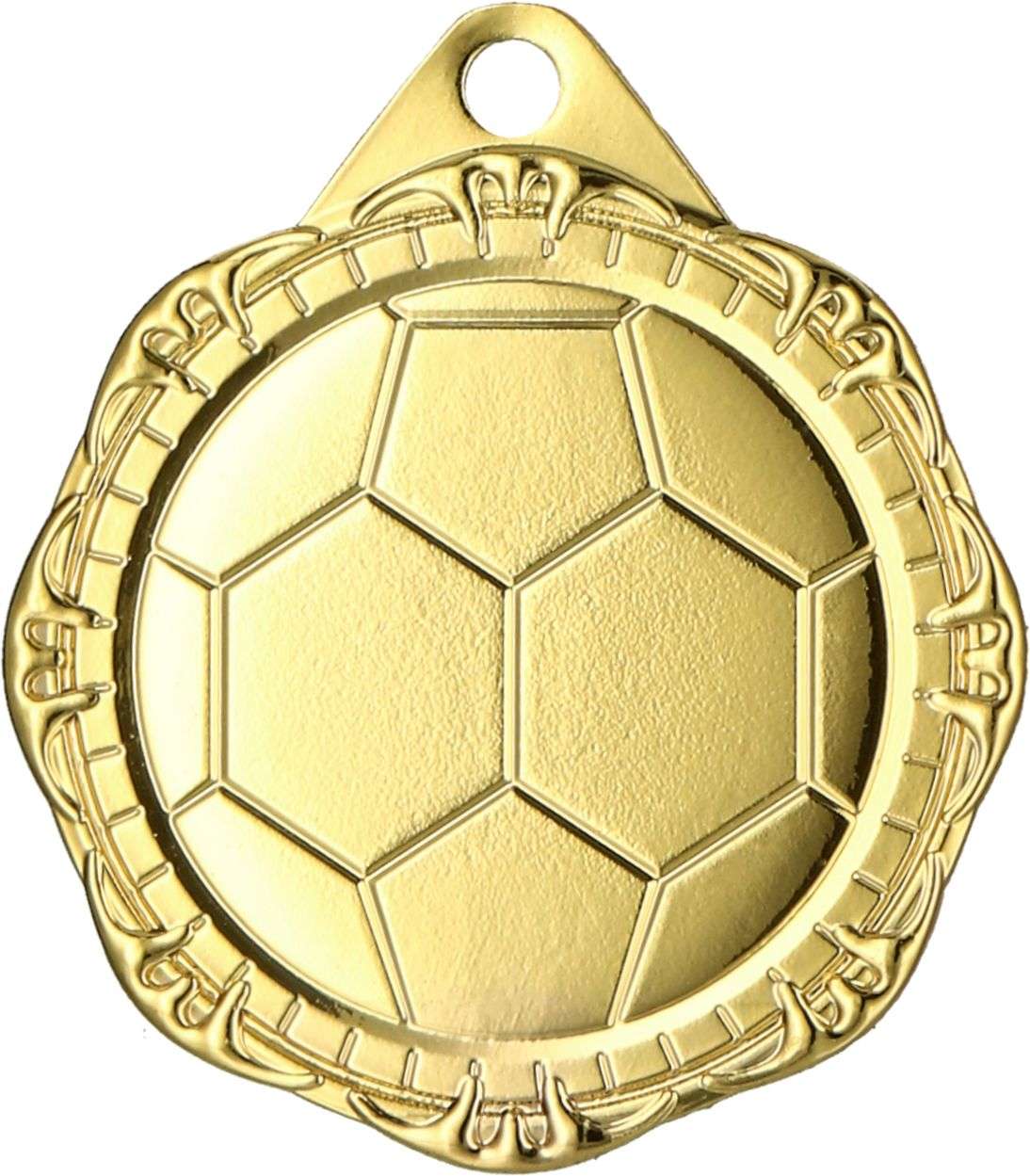 Goldene Fußballmedaille mit Sechseck- und Fünfeckmuster in der Mitte, umgeben von einem dekorativen Rand und einem kleinen Loch für ein Band an der Oberseite. Diese Medaillen Moers 32 mm MMC1232 spiegeln die Fußballleidenschaft wunderschön wider und sind somit perfekt für jeden Champion.