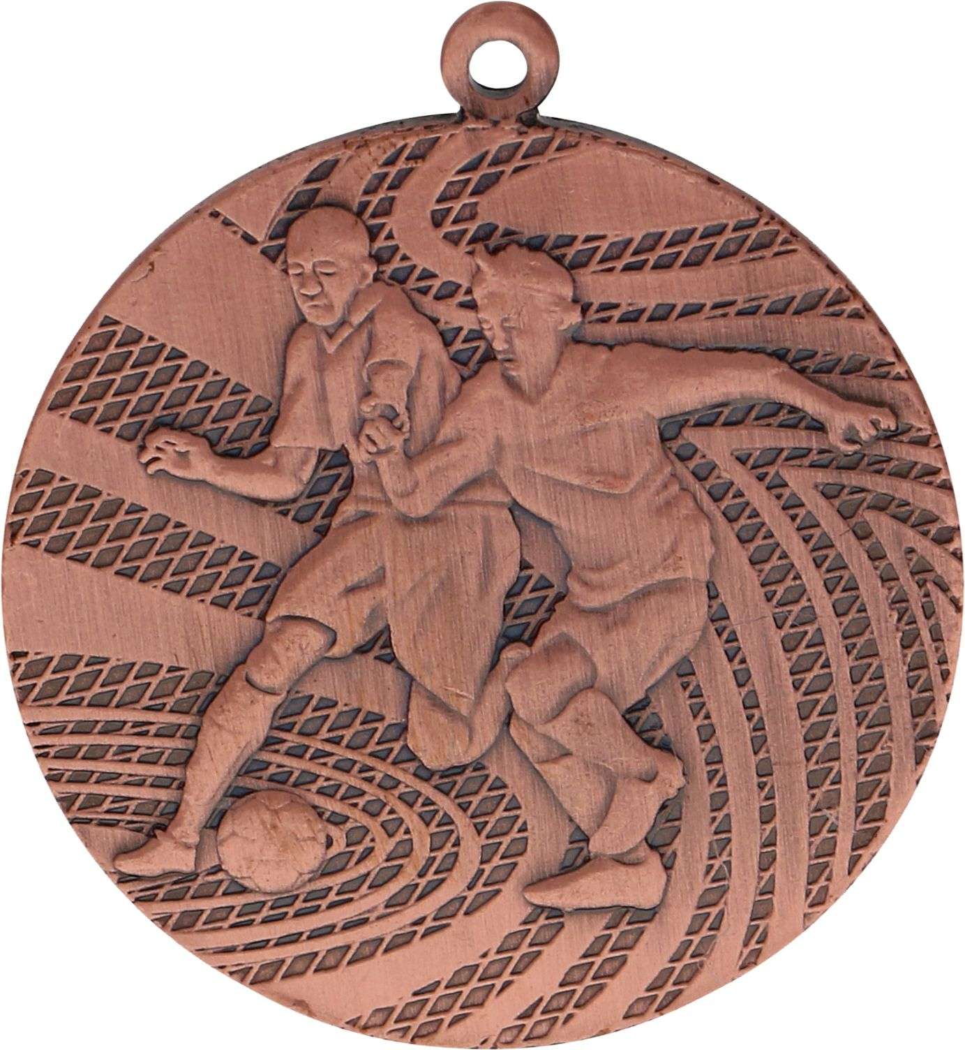 Bronzemedaille mit zwei Fußballspielern in Aktion und abstrakten Mustern im Hintergrund, die ein exquisites Fußballdesign zeigt, das wahre Gewinner feiert. Wir präsentieren die Medaillen Siegen 40 mm MMC1340.
