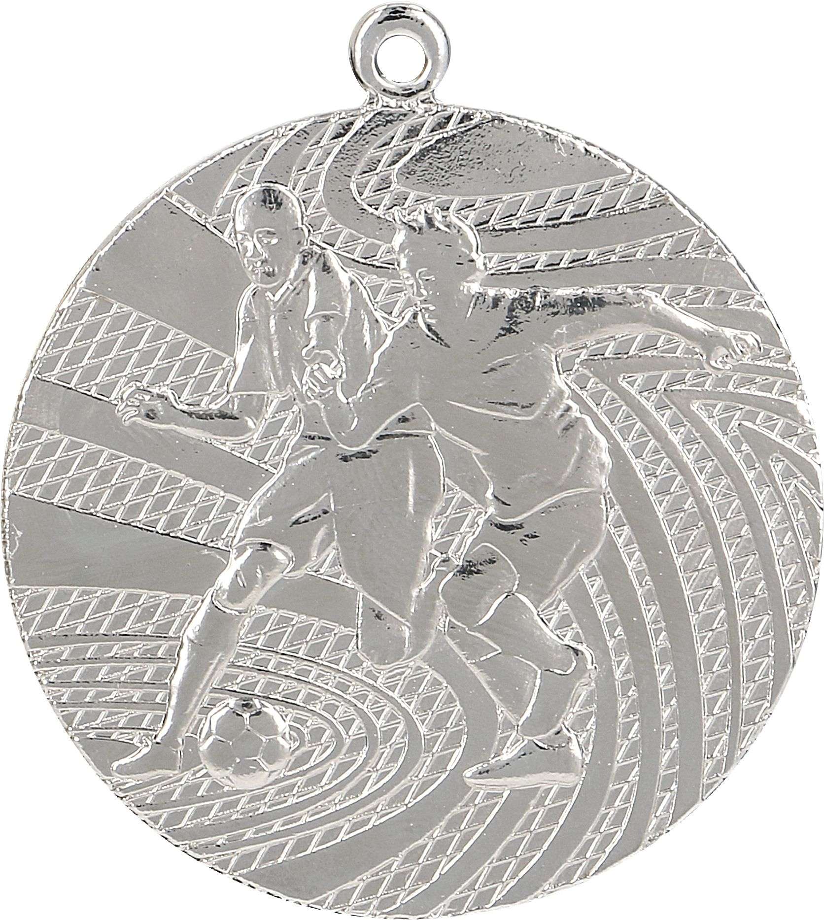 Eine Silbermedaille mit geprägtem Fußballdesign von zwei Fußballspielern in Aktion, mit abstrakten Mustern im Hintergrund, perfekt für jeden Gewinner. Wir präsentieren die Medaillen Siegen 40 mm MMC1340.