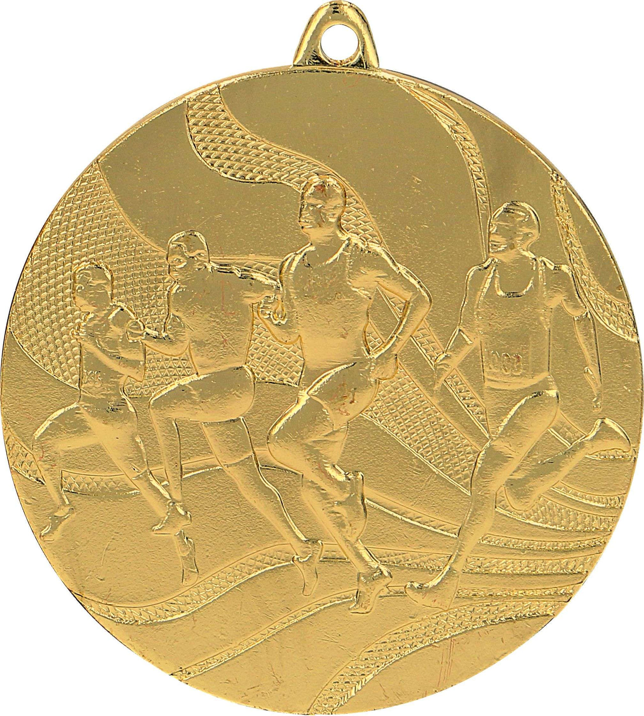 Die Medaillen Heilbronn 50 mm MMC2350 aus hochwertigem Material zeigen ein geprägtes Design von vier Läufern in Bewegung, perfekt für einen Laufwettbewerb. Mit Präzision und Eleganz gefertigt.