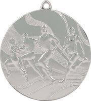 Silbermedaille mit geprägtem Design von vier Läufern in Bewegung, perfekt zum Feiern von Erfolgen beim Heilbronner Laufwettbewerb, Medaillen Heilbronn 50 mm MMC2350.