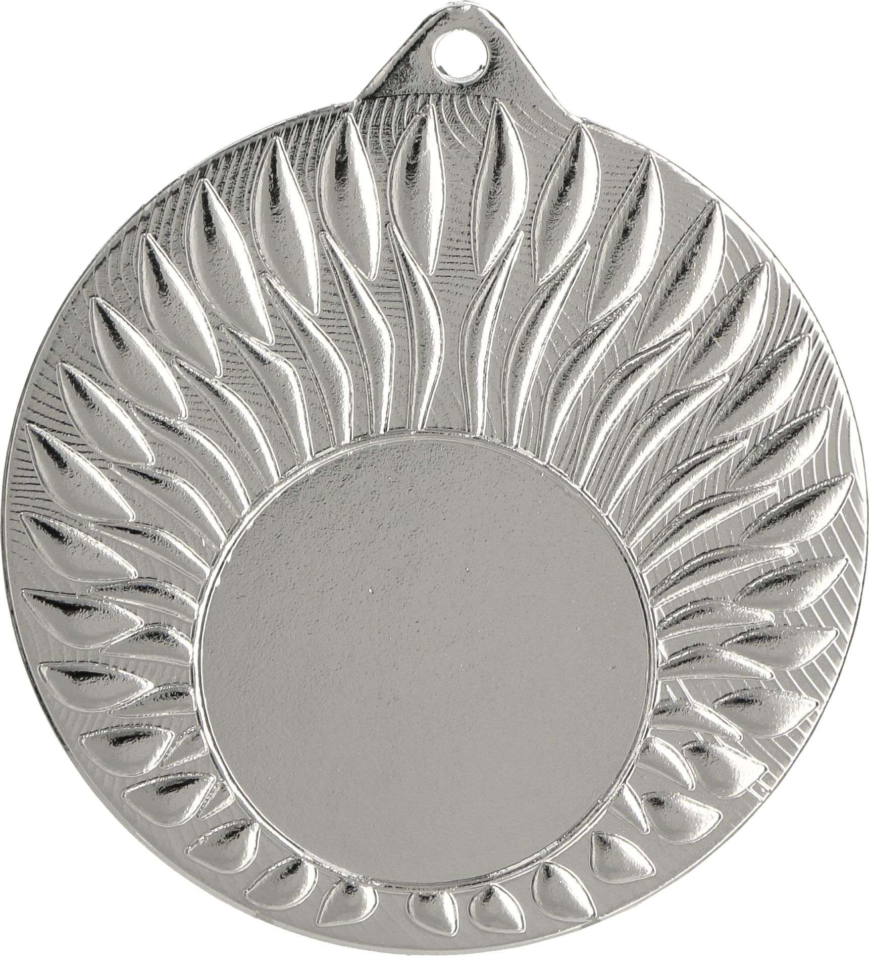 Eine runde Silbermedaille mit einem Loch an der Oberseite und einem Sonnenstrahlenmuster an den Rändern, gefertigt aus hochwertigem Material. Die Mitte ist leer, perfekt für Sportveranstaltungen oder diejenigen, die Medaillen Mönchengladbach 50 mm MMC24050 suchen.