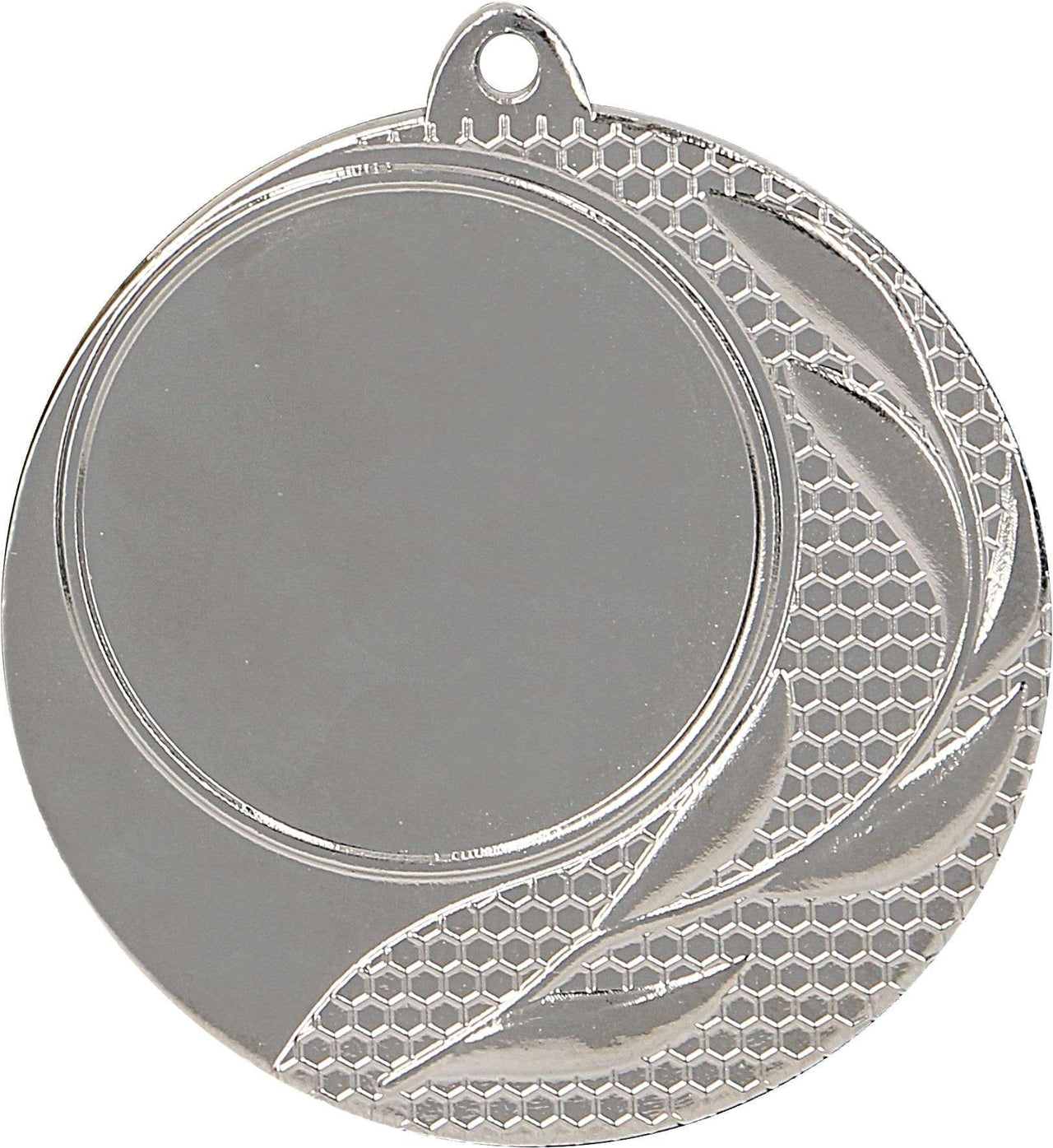 Eine runde Silbermedaille mit leerem Zentrum und einem Durchmesser von 40 mm. Der äußere Rand weist ein Wabenmuster und ein Blattdesign auf, das für eine exklusive Note gefertigt wurde.