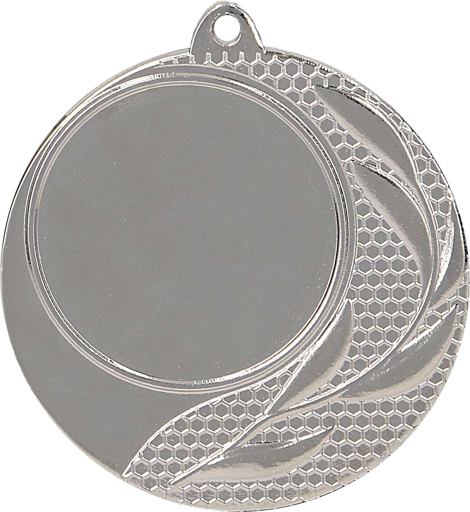 Eine runde Silbermedaille mit leerem Zentrum und einem Durchmesser von 40 mm. Der äußere Rand weist ein Wabenmuster und ein Blattdesign auf, das für eine exklusive Note gefertigt wurde.