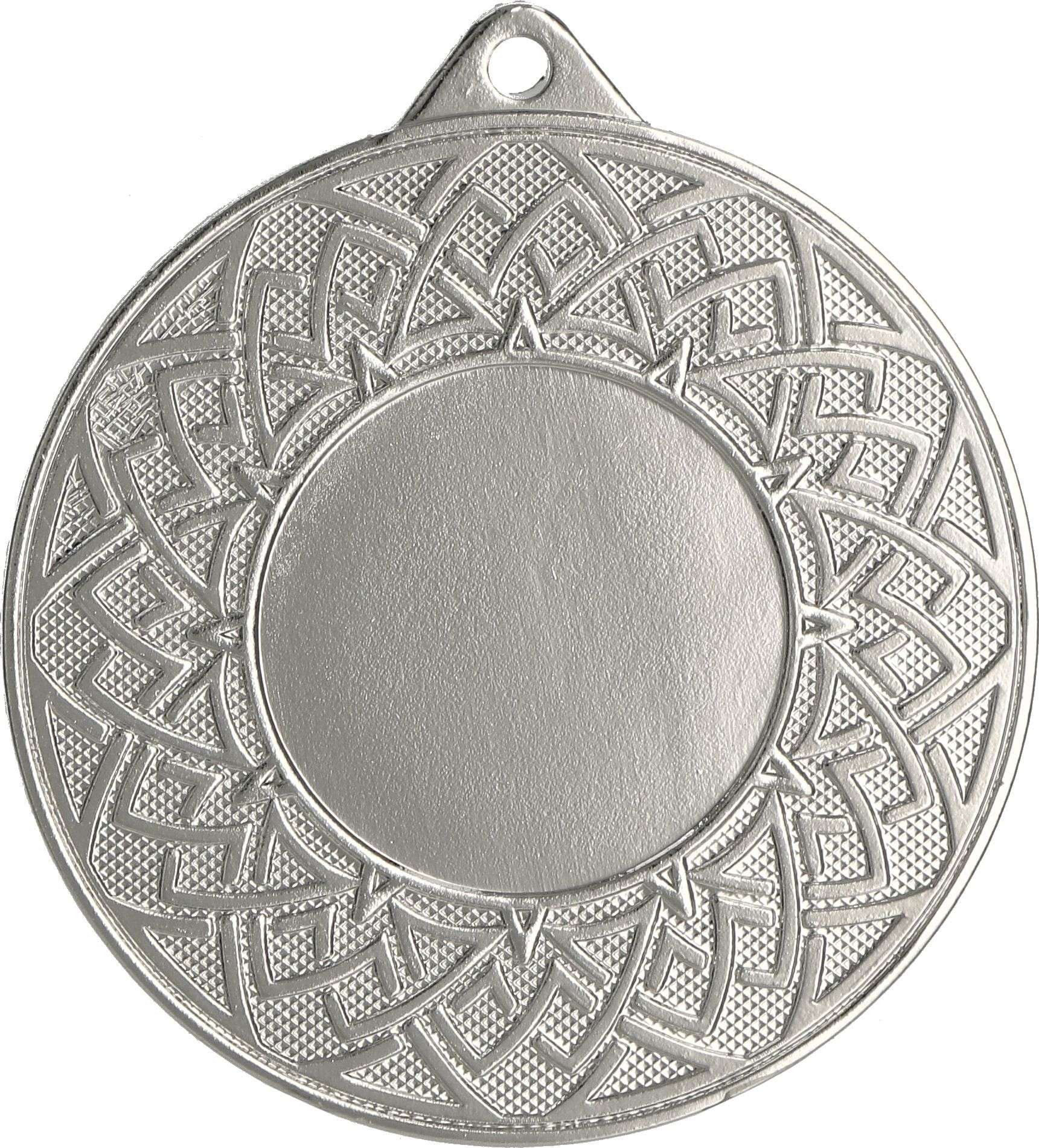 Ein silberner Medaillen Halle 50 mm MMC26050 mit einem kunstvollen, symmetrischen Design, das einen leeren zentralen Bereich umgibt. Es erinnert an Auszeichnungen von Medaillen Halle und verfügt oben über ein kleines Loch zum Anbringen eines Bandes oder einer Kette.