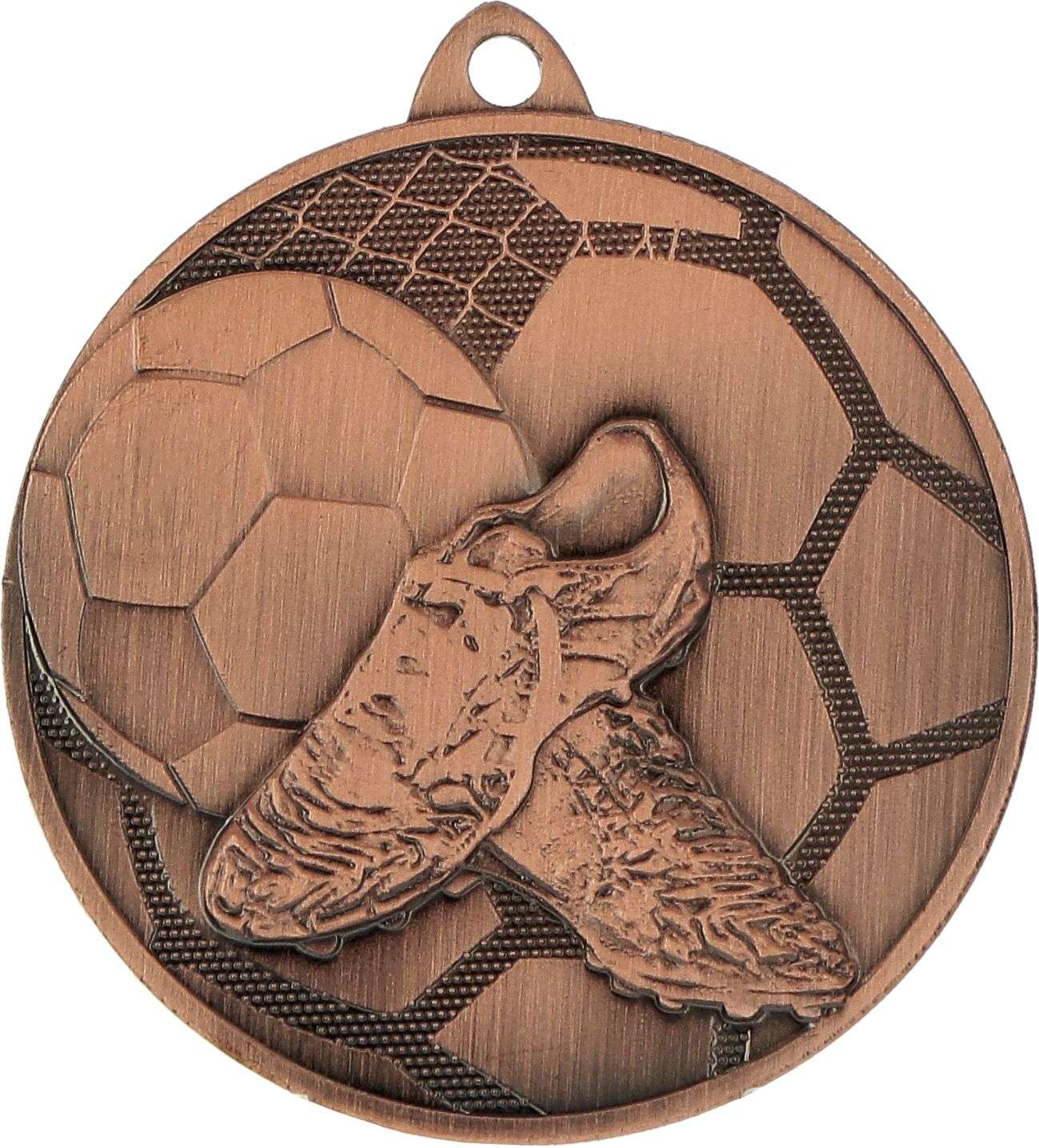 Eine bronzene Medaillen Trier 50 mm MMC28050 mit einem Relief eines Fußballs, eines Netzes und eines Paar Stollen, ideal für jedes Fußballturnier, das von Ihrem örtlichen Sportverein veranstaltet wird.