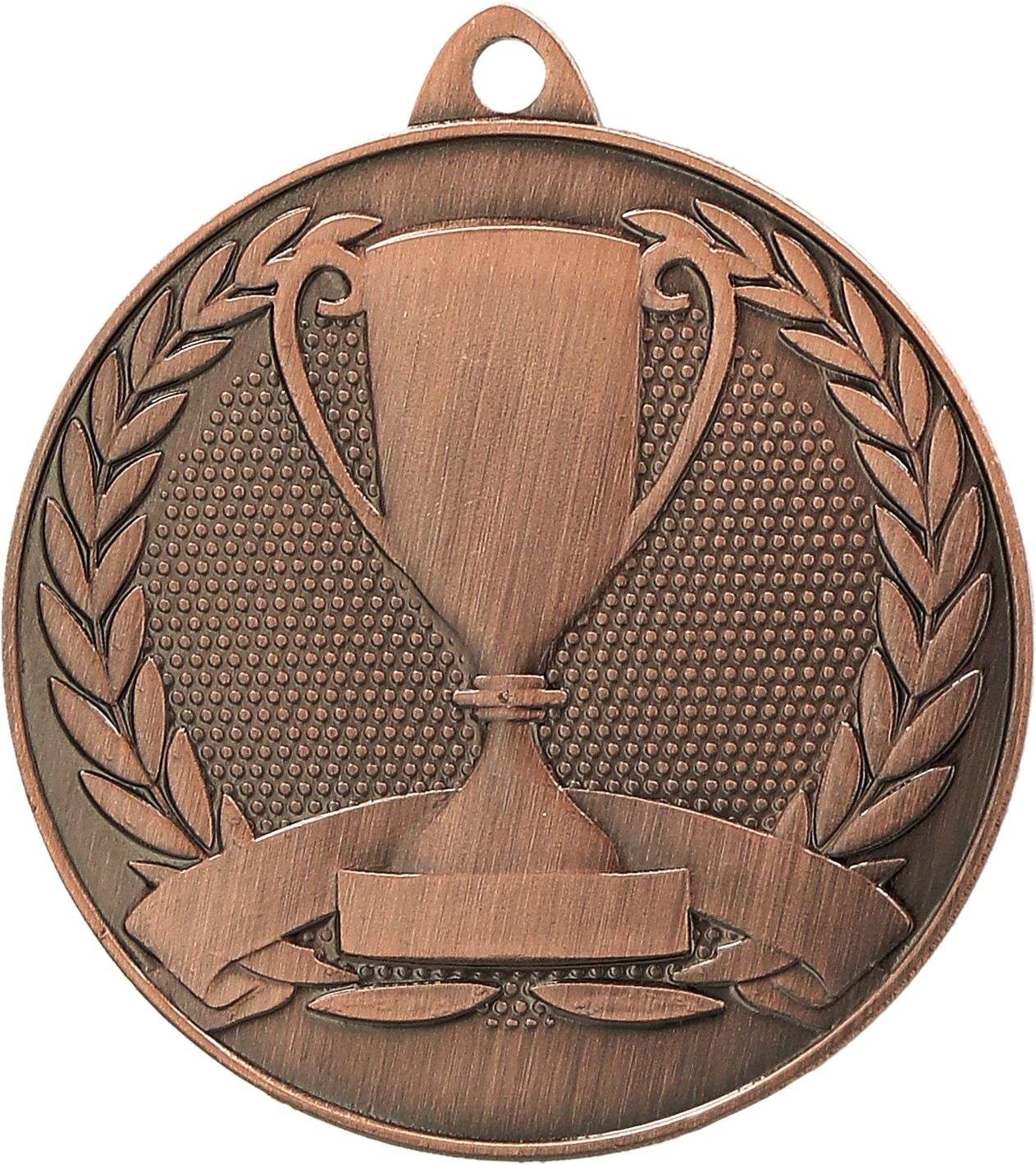 Eine bronzene Medaillen Neuss 50 mm MMC30050 mit einer gravierten Trophäe in der Mitte, umgeben von einem Lorbeerkranzmuster und einem leeren Banner unter der Trophäe, das den Sieg symbolisiert.