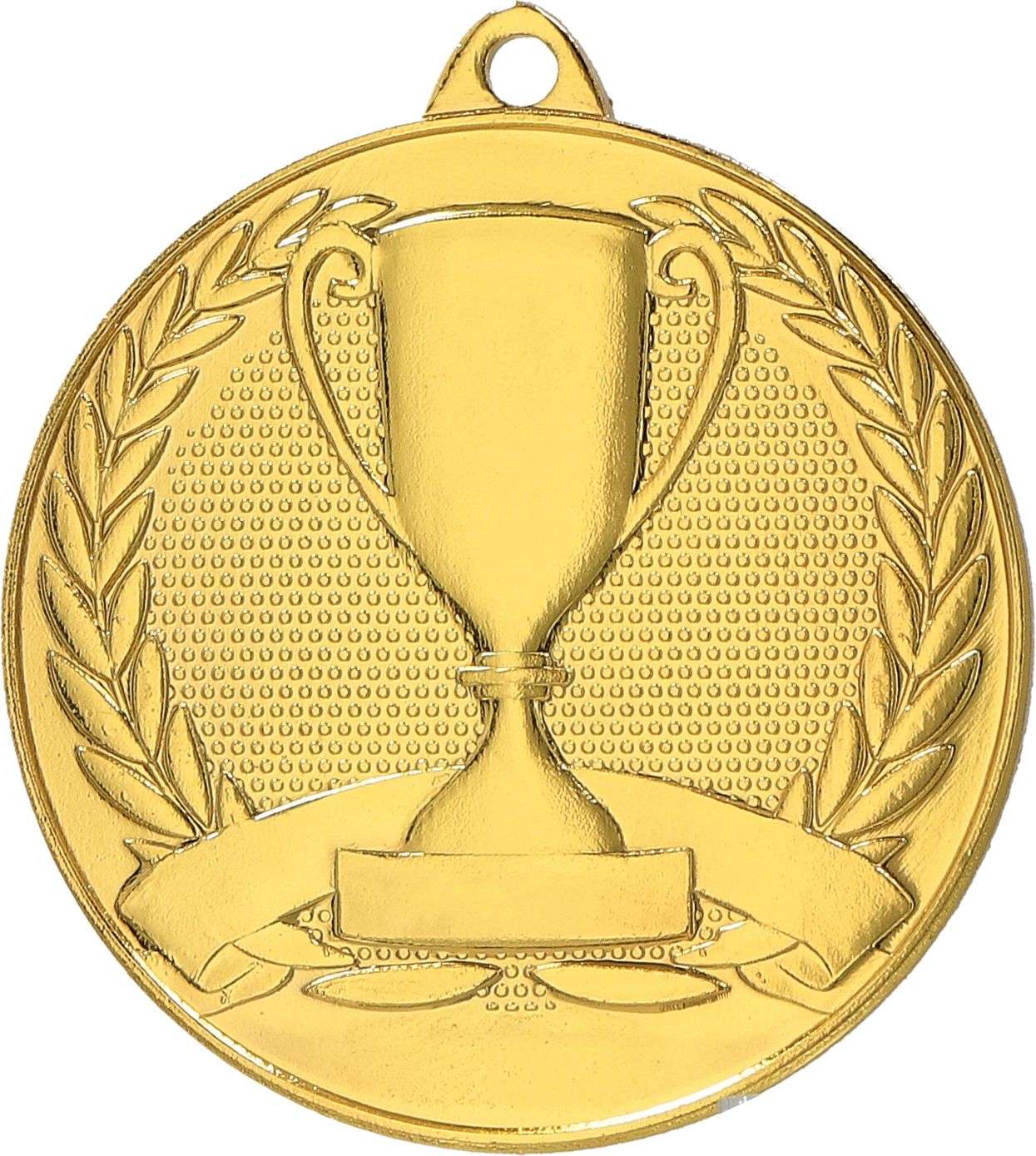 Eine goldene Medaillen Neuss 50mm MMC30050 mit einer Trophäe.