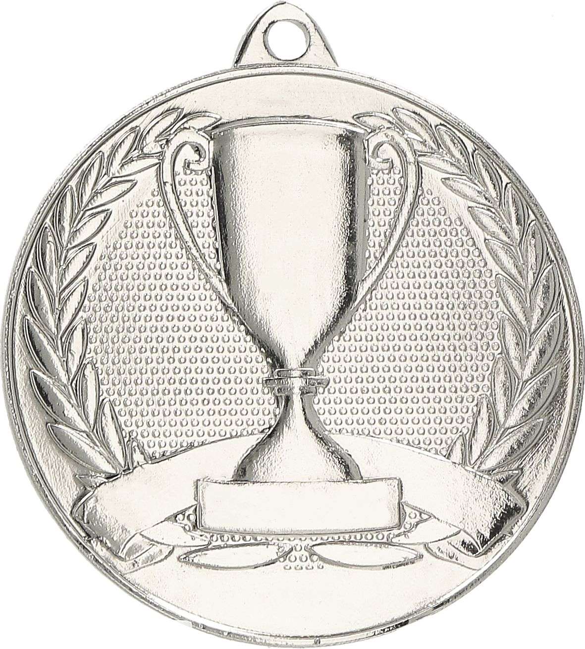 Eine silberne Medaille mit einem erhabenen Trophäendesign in der Mitte, umgeben von Lorbeerblättern, perfekt für jede Auszeichnung oder jeden Sieg: Medaillen Neuss 50 mm MMC30050.