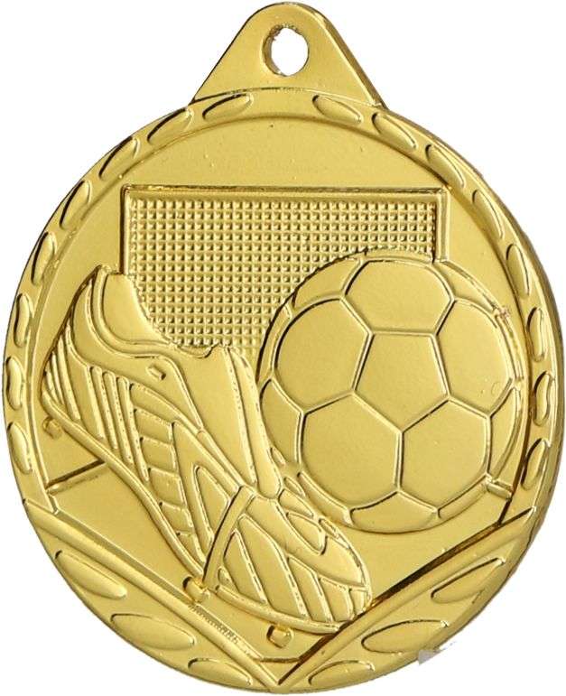 Eine Medaille Salzgitter 32 mm MMC3032 mit einem Fußball, einem Fußballschuh und einem Tornetz, das in seine Oberfläche eingraviert ist und ein einzigartiges Design aufweist, das perfekt für jedes Fußballturnier ist.