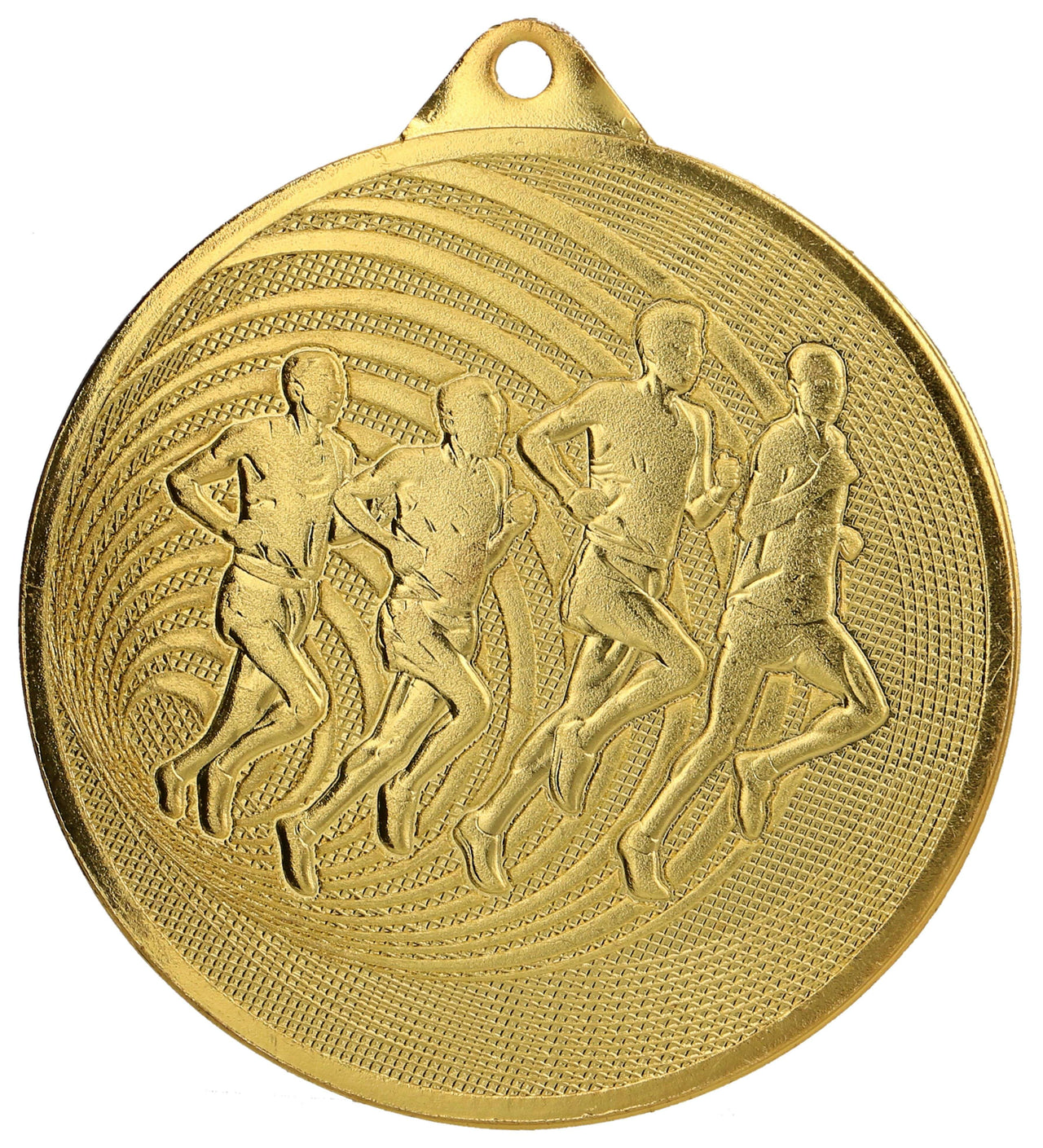 Goldmedaille mit einer Gravur von vier laufenden Athleten in Bewegung, vor einem strukturierten Hintergrund mit einem kleinen Loch oben zum Aufhängen. Diese Medaillen Pforzheim 70 mm MMC3071 feiern sportliche Erfolge und tragen die charakteristische Qualität.