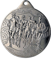 Silbermedaille mit einer eingravierten Darstellung von sechs Läufern in Sportkleidung, die die Essenz des Citylaufs feiern, mit einem komplizierten Muster im Hintergrund. Produktname: Medaillen Ulm 50 mm MMC32050.