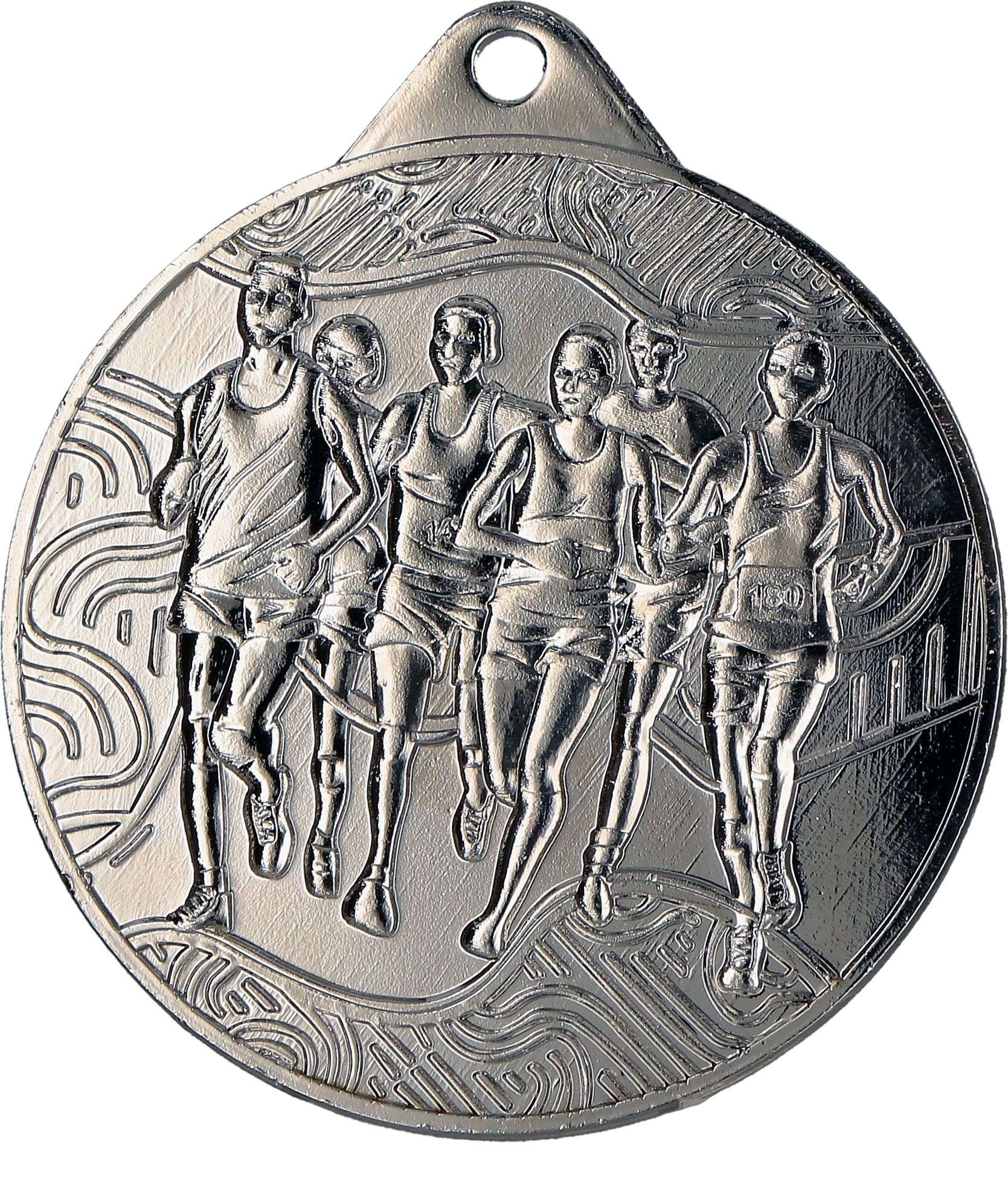 Silbermedaille mit einer eingravierten Darstellung von sechs Läufern in Sportkleidung, die die Essenz des Citylaufs feiern, mit einem komplizierten Muster im Hintergrund. Produktname: Medaillen Ulm 50 mm MMC32050.